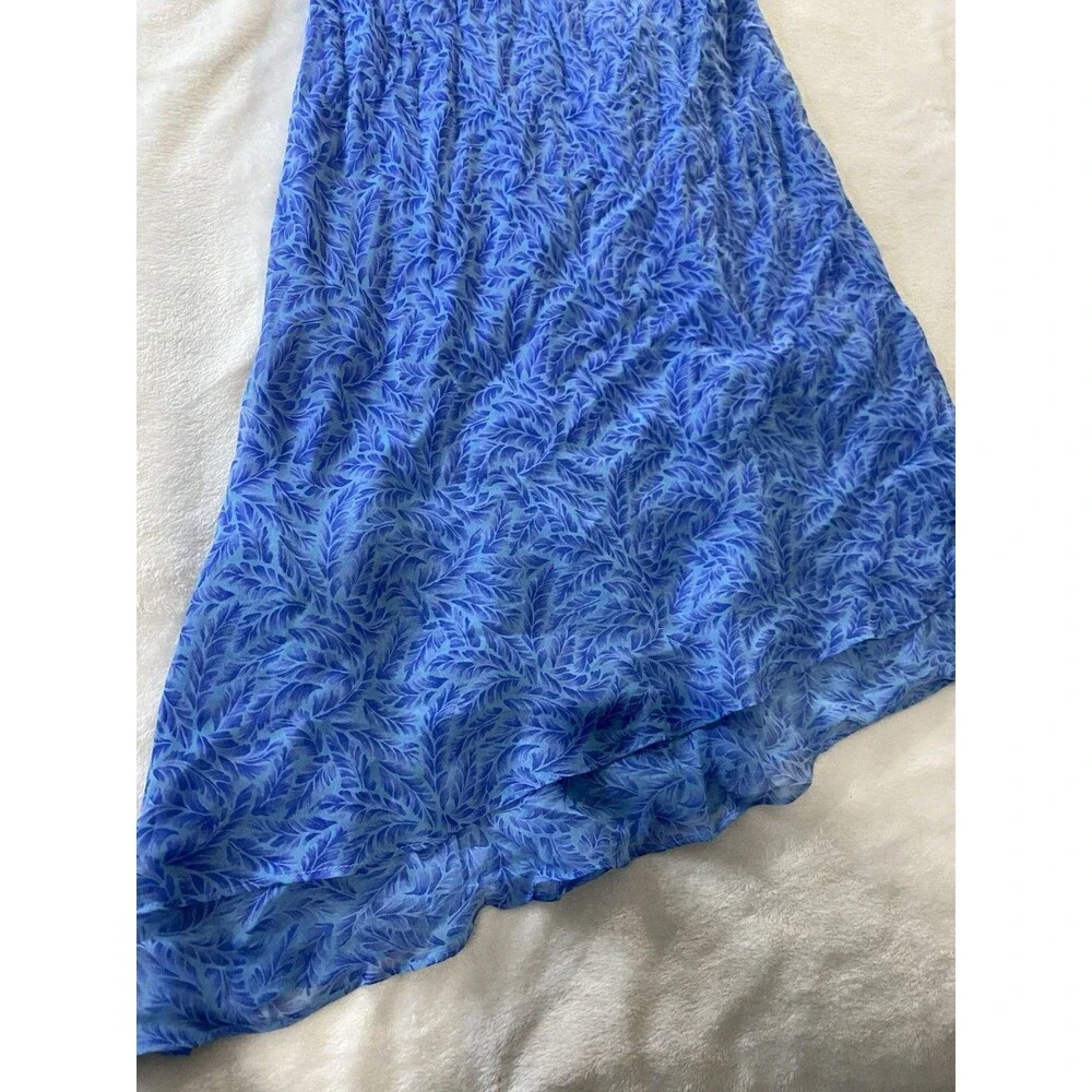 VTG Y2K Positive Attitude Womens M Blue Leaf Chiffon Asymmetrical Hem Midi Dress